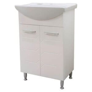 Долен шкаф за баня Makena Илона с мивка, бял водоустойчив PVC шкаф с порцеланова мивка, стилен и компактен