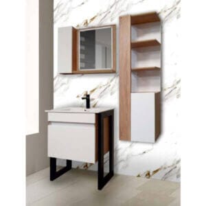 Долен шкаф за баня Макена Карлота с мивка, PVC, водоустойчив шкаф с две чекмеджета и порцеланова мивка