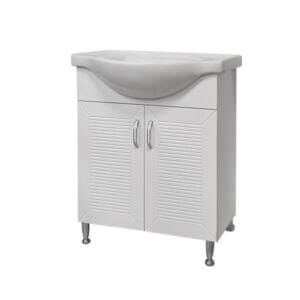 Долен шкаф за баня Makena Кери New - бял водоустойчив шкаф с мивка и плавно затваряне, идеален за всяка баня.