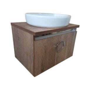 Долен шкаф за баня с мивка Makena Лайт Норд Оак, стилен PVC шкаф за баня в бяло и кафяво.