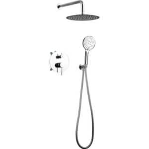 Душ комплект за вграждане Makena с кръгла душ глава, хромиран дизайн и душ слушалка с три функции.