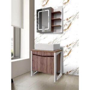 Горен шкаф за баня Макена Пандора с огледало, водоустойчив PVC, LED осветление, стенен бял шкаф