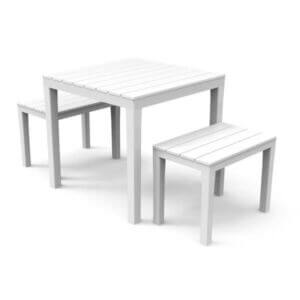 Градински сет Papua Bianko - бял градински комплект с квадратна маса и 2 пейки за удобство.