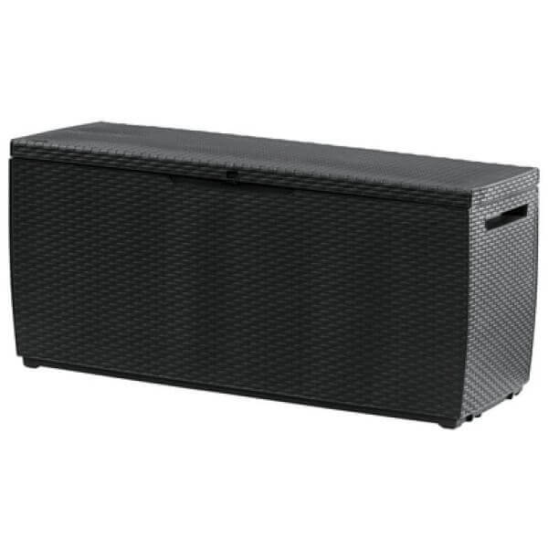Градински скрин Keter CAPRI, черен, с капацитет 305 л, устойчив на атмосферни влияния, идеален за градински мебели. Градински скрин Keter CAPRI, черен, с капацитет 305 л, устойчив на атмосферни влияния, идеален за градински мебели.