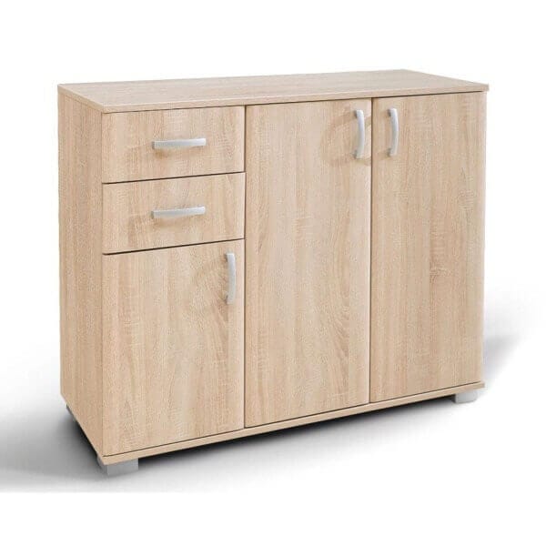 Комод Roma 3 с декор Дъб Сонома, метални дръжки и PVC крачета за спалня Roma Комод Roma 3 с декор Дъб Сонома, метални дръжки и PVC крачета за спалня Roma