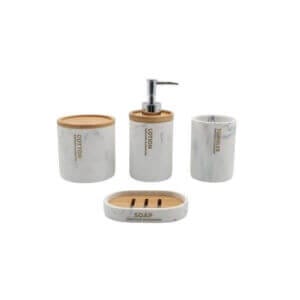 Комплект баня 4 части с бамбук и мраморен ефект – стилни аксесоари за баня с дозатор и сапунерка