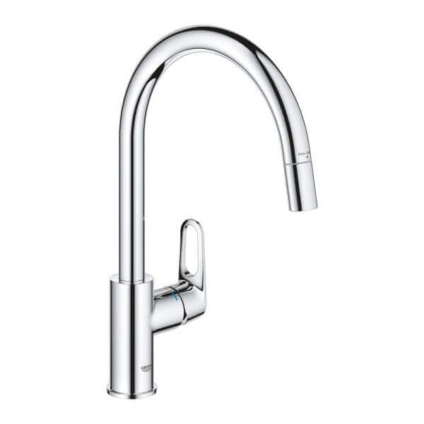 Кухненски смесител GROHE Start Flow OHM C-spout с издърпващ чучур, хромиран и удобен за кухня Кухненски смесител GROHE Start Flow OHM C-spout с издърпващ чучур, хромиран и удобен за кухня