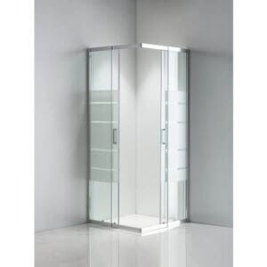 Квадратна душ кабина Cascada с плъзгащи врати, 70-80 см, с елегантни бели ленти и хромирана рамка.