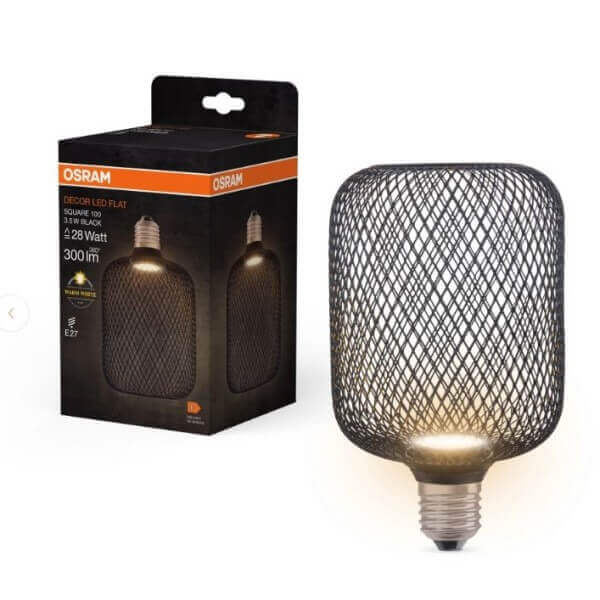 LED лампа OSRAM FLAT SQUARE 100, 3.5W енергоспестяваща с цокъл E27 и топло осветление 2700K в черен дизайн LED лампа OSRAM FLAT SQUARE 100, 3.5W енергоспестяваща с цокъл E27 и топло осветление 2700K в черен дизайн