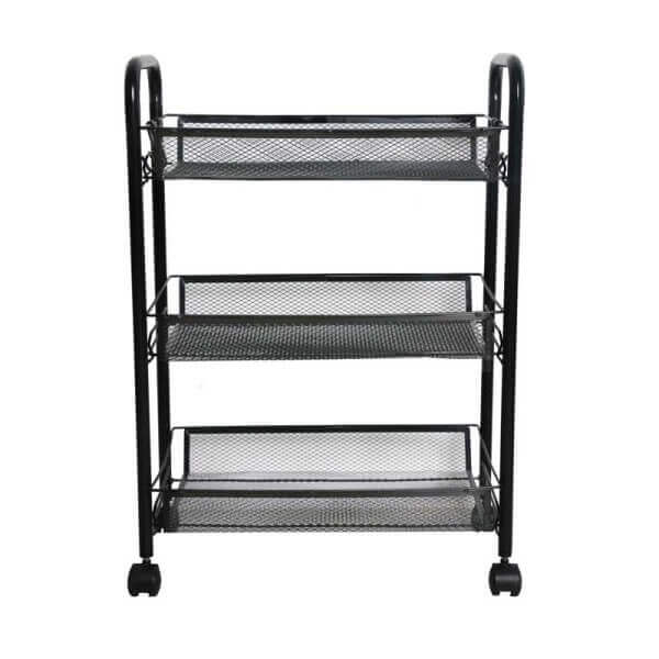 Стелаж на колела Ziel с 3 нива, черен метален стелаж за дома и офиса, компактен и стилен. Стелаж на колела Ziel с 3 нива, черен метален стелаж за дома и офиса, компактен и стилен.