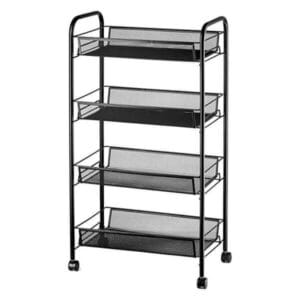 Метален стелаж на колела с 4 нива, черен, 27x48x84 см, метален мобилен стелаж с 4 нива за съхранение и организация