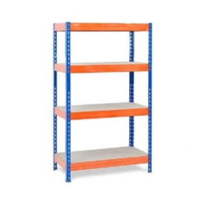 Метален стелаж с 4 рафта Ar shelving RIVET300 EB50, до 300 кг на рафт, 192x100x50 см, синьо и оранжево.