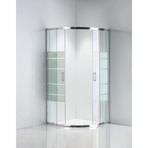 Овална душ кабина Cascada с плъзгащи врати, с бели ленти, идеална за модерна баня.