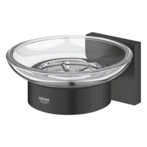 Поставка за сапун Grohe Start Cube, черна стенна поставка с чинийка, изработена от стъкло и метал.