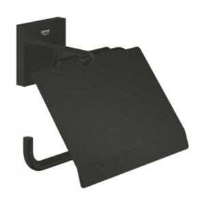 Поставка за тоалетна хартия Grohe Start Cube, черна, с метална стойка и модерен дизайнерски вид.