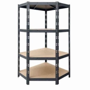 Ъглов метален стелаж с 4 рафта Profi Black, до 400 кг на рафт, 180x90/90x40см предлага идеално използване на ъгловото пространство. изключително здрав и стабилен.