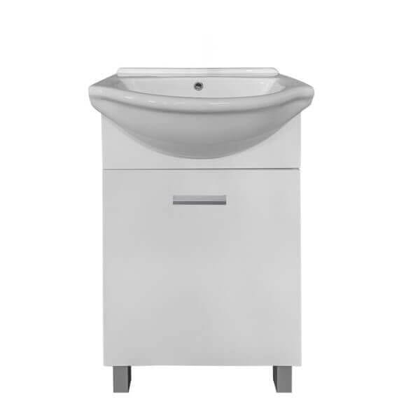 Долен шкаф за баня Makena SM430F с мивка, бял гланц, плавно затваряне и PVC корпус за баня Долен шкаф за баня Makena SM430F с мивка, бял гланц, плавно затваряне и PVC корпус за баня