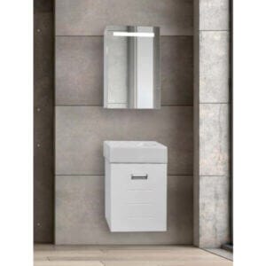 Долен шкаф за баня с мивка Makena Кико, водоустойчив шкаф с бяла порцеланова мивка и стилен дизайн.