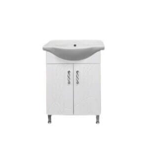 Долен шкаф за баня с мивка Makena Непал, бял шкаф за баня с водоустойчив порцеланова мивка.