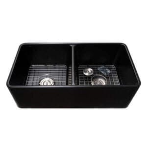 Керамична кухненска мивка Cascada черен мат с две корита, двойна керамична мивка за кухня