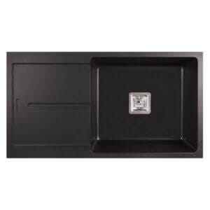 Кухненска мивка Cascada гранит с едно корито и отцедник, черна гранитна мивка с преливник