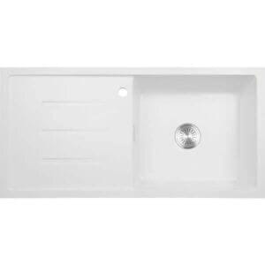 Кухненска мивка Cascada с едно корито и отцедник, бяла гранитна кухненска мивка с преливник и сифон