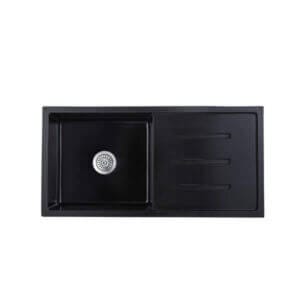 Кухненска мивка Cascada с едно корито и отцедник, черна гранитна мивка с преливник и сифон