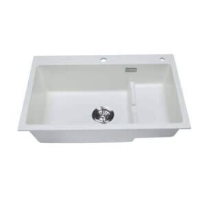 Кухненска мивка Cascada с помощно корито, бяла гранитна мивка с преливник и включен сифон