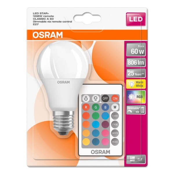 LED крушка OSRAM STAR RGBW 9W, цветна LED крушка E27 с дистанционно управление и енергоспестяване LED крушка OSRAM STAR RGBW 9W, цветна LED крушка E27 с дистанционно управление и енергоспестяване