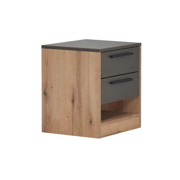 Нощно шкафче Matis Kaliopa в цвят дъб артисан и сив с метални дръжки, модерен дизайн Нощно шкафче Matis Kaliopa в цвят дъб артисан и сив с метални дръжки, модерен дизайн