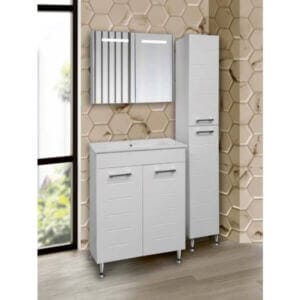 Шкаф за баня Makena Астор с LED огледало, водоустойчив горен шкаф с LED осветление в бял цвят.