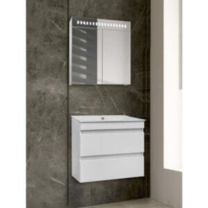 Шкаф за баня с мивка Makena Дона, водоустойчив долен шкаф с две чекмеджета и порцеланова мивка.