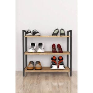 Шкаф за обувки с 3 рафта, метален и дървесен декор, черен, модерен и здрав за дома