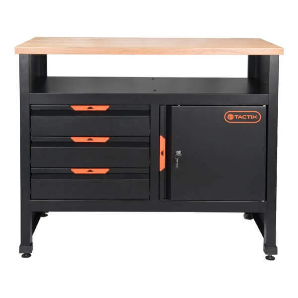 Работна маса TACTIX с 3 чекмеджета и 1 врата, стоманена конструкция и масивен плот за работно пространство Работна маса TACTIX с 3 чекмеджета и 1 врата, стоманена конструкция и масивен плот за работно пространство