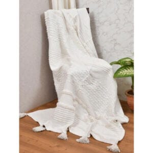Ръчно тъкано одеяло FHF-TH-2024-14, уютно памучно одеяло 130x170 см, еко, ръчно изработено в бял цвят