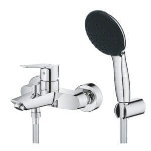 Смесител за вана GROHE Start 1/2, едноръкохватков, с хром/черен цвят, идеален за стенен монтаж.