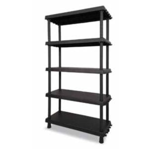Стелаж PVC с 5 регулируеми рафта, черен, до 40 кг на рафт, 82х40х165 см и регулируема височина, идеален за организиране.