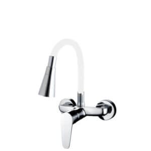 Стенен смесител за кухня Cascada Flexible White, месингов, удобен едноръкохватков смесител за модерни кухни.