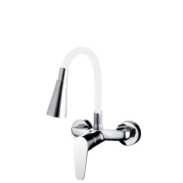 Стенен смесител за кухня Cascada Flexible White, месингов, удобен едноръкохватков смесител за модерни кухни. Стенен смесител за кухня Cascada Flexible White, месингов, удобен едноръкохватков смесител за модерни кухни.