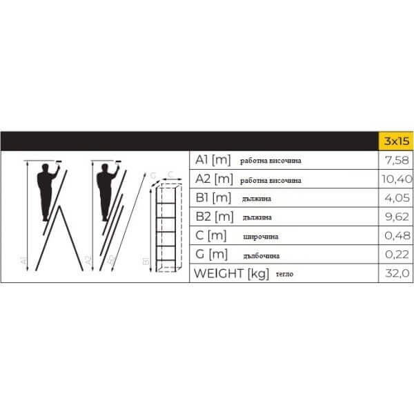 Стълба алуминиева MultiSystem 3 x 15 стъпала, 150 кг, 10,40 м Стълба алуминиева MultiSystem 3 x 15 стъпала, 150 кг, 10,40 м
