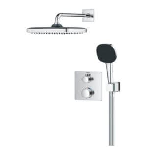 Термостатна система GROHE Precision Vitalio Comfort 250 с технология DreamSpray в луксозен бял и черен дизайн.